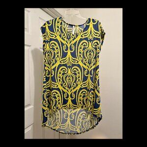 Blue & Yellow Azules High/Low Dress with Cap Sleeves Jersey Knit Size M